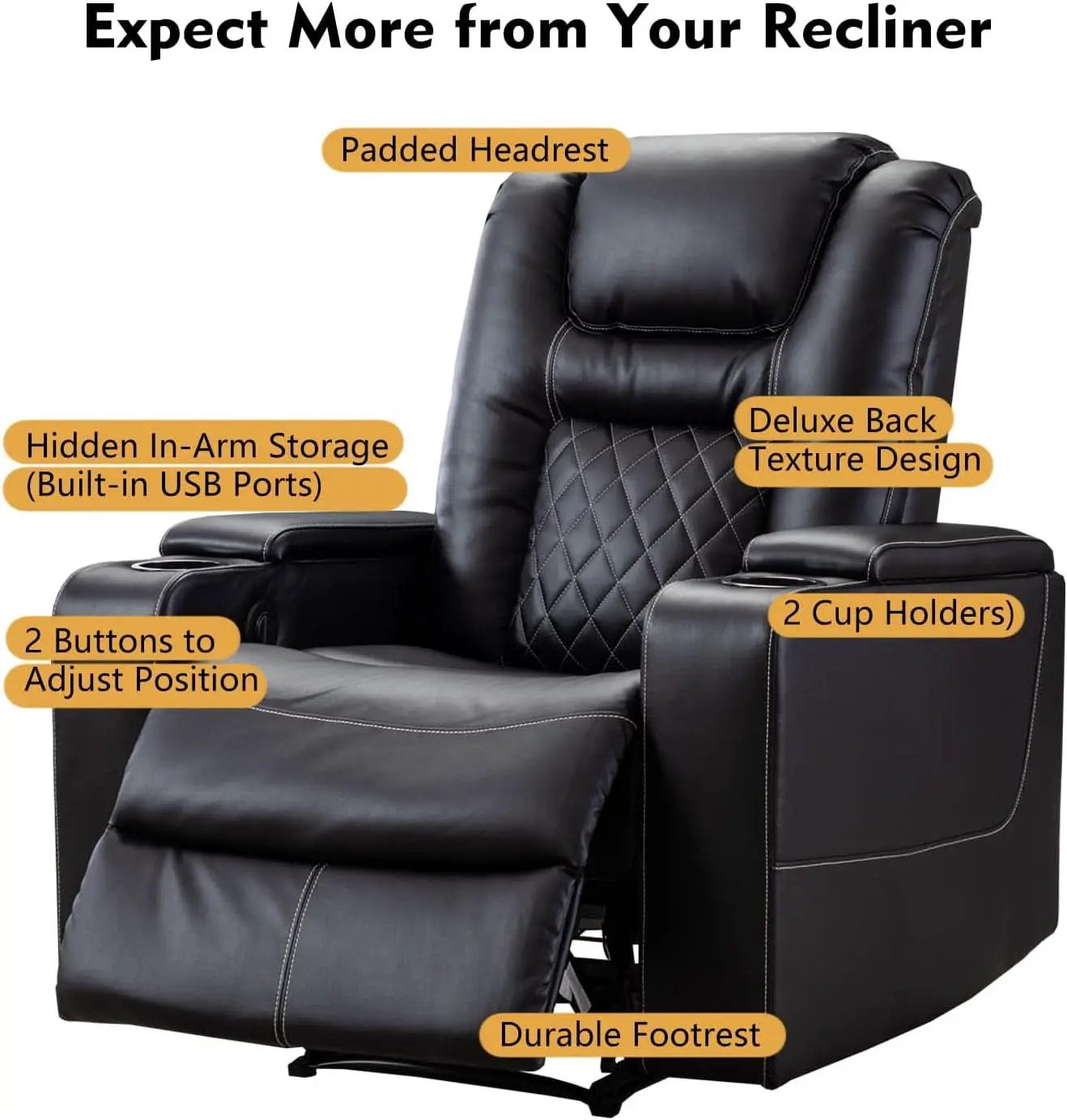 Black Leather Power Recliner With Usb And Cup Holders from PriceLows™