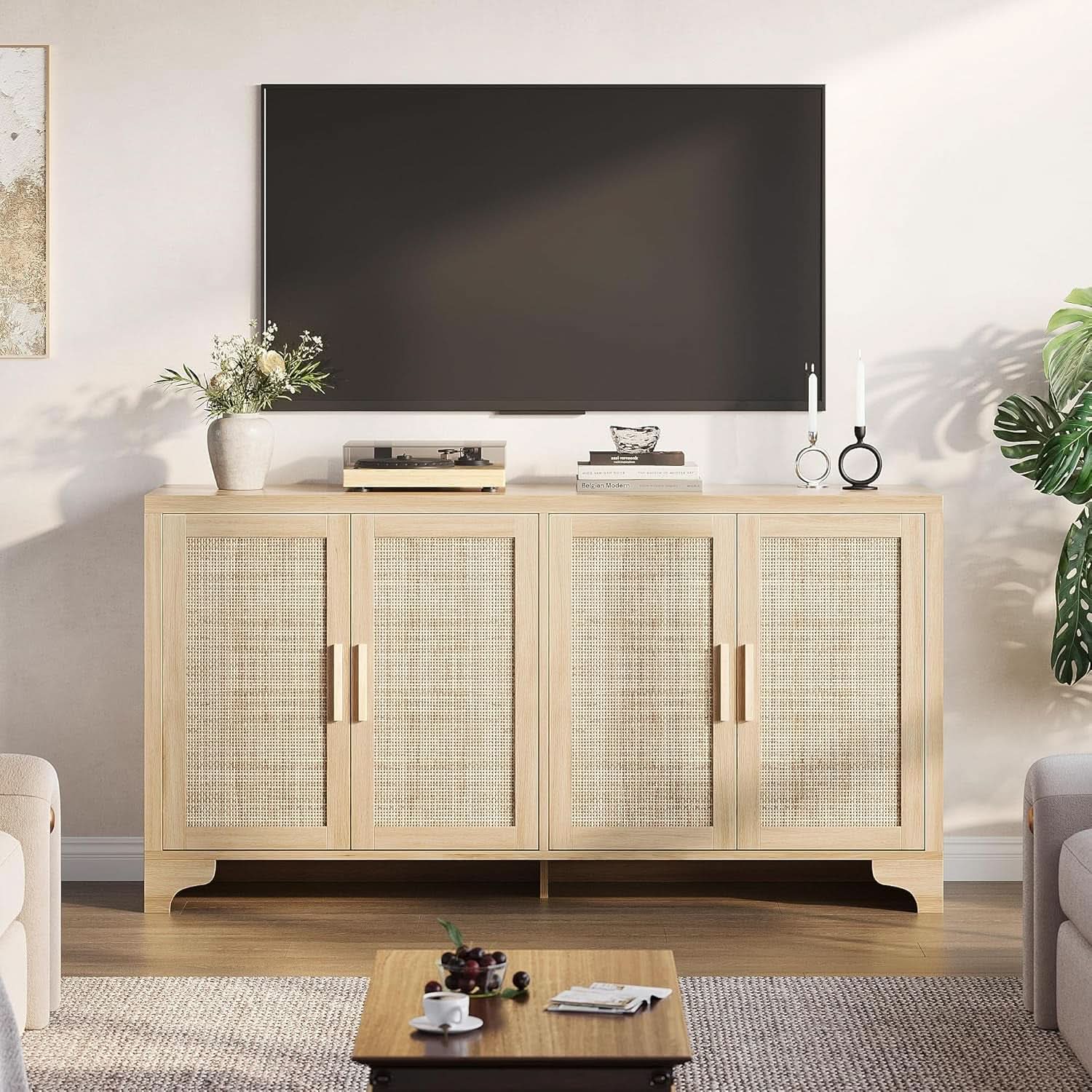 Natural Rattan Four Door Sideboard Cabinet Engineered Wood from PriceLows™