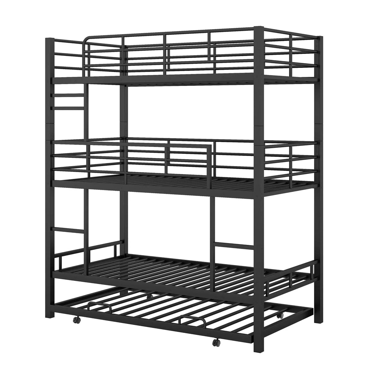 Triple Bunk Bed | Heavy Duty Steel | Built In Trundle | Full Guardrails