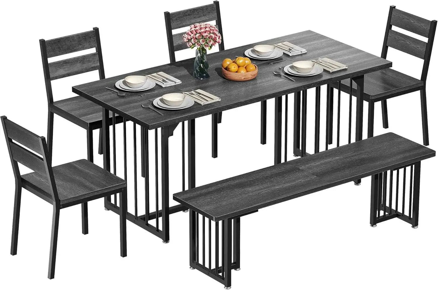 63 Inch Dark Grey Rectangular Dining Table Set Farmhouse from PriceLows™