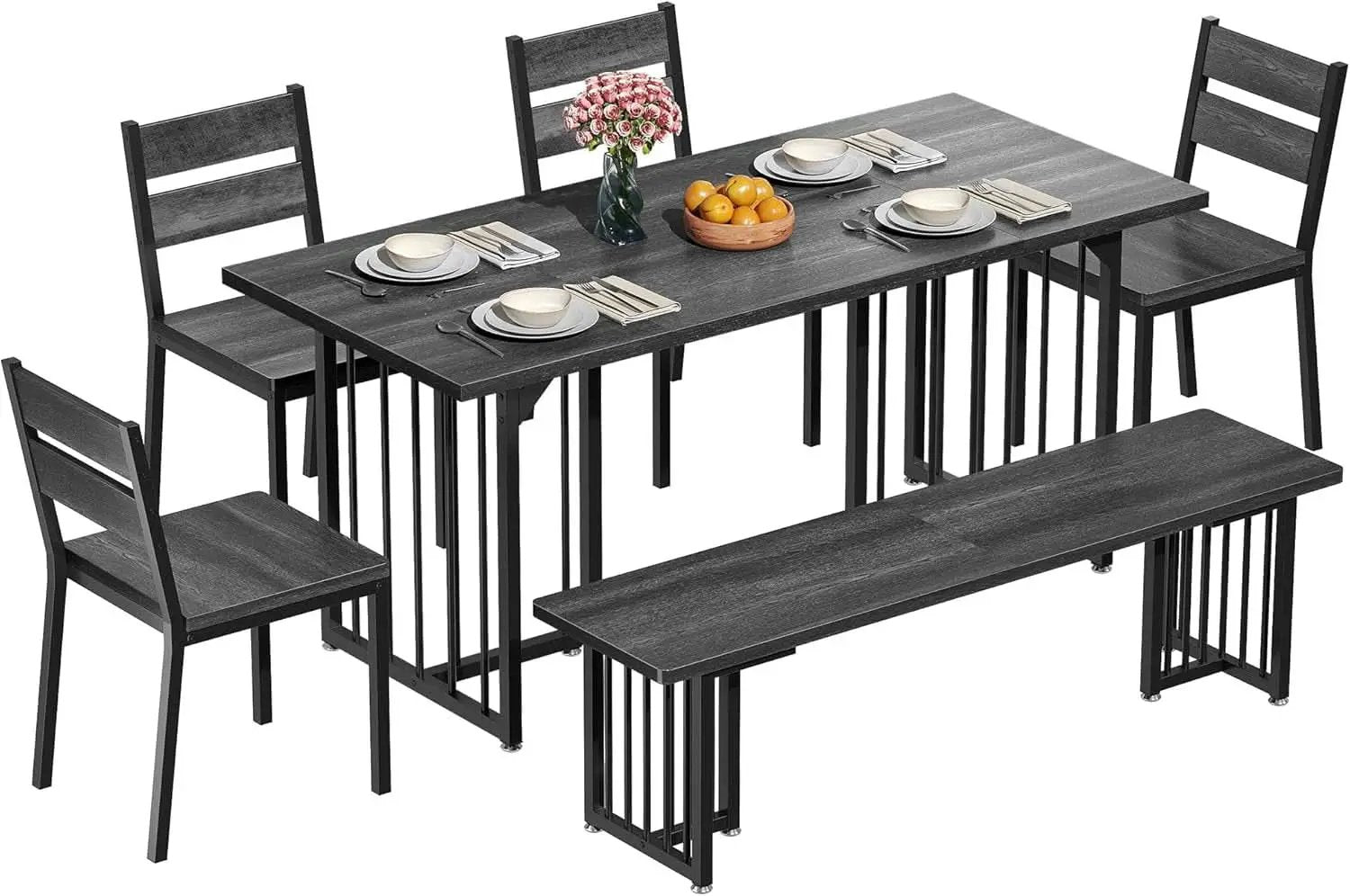 63 Inch Dark Grey Rectangular Dining Table Set Farmhouse from PriceLows™
