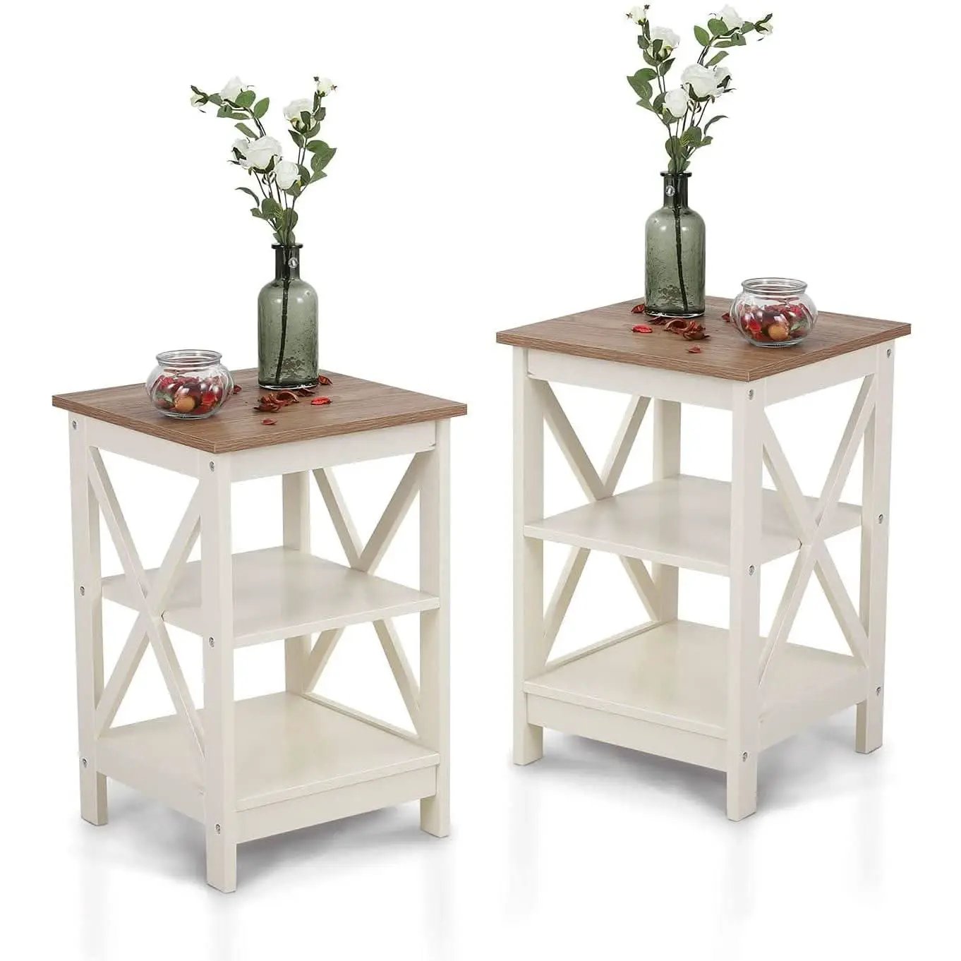 Rustic Ivory End Table Set Of 2 With Shelves 23.6 Inch from PriceLows™