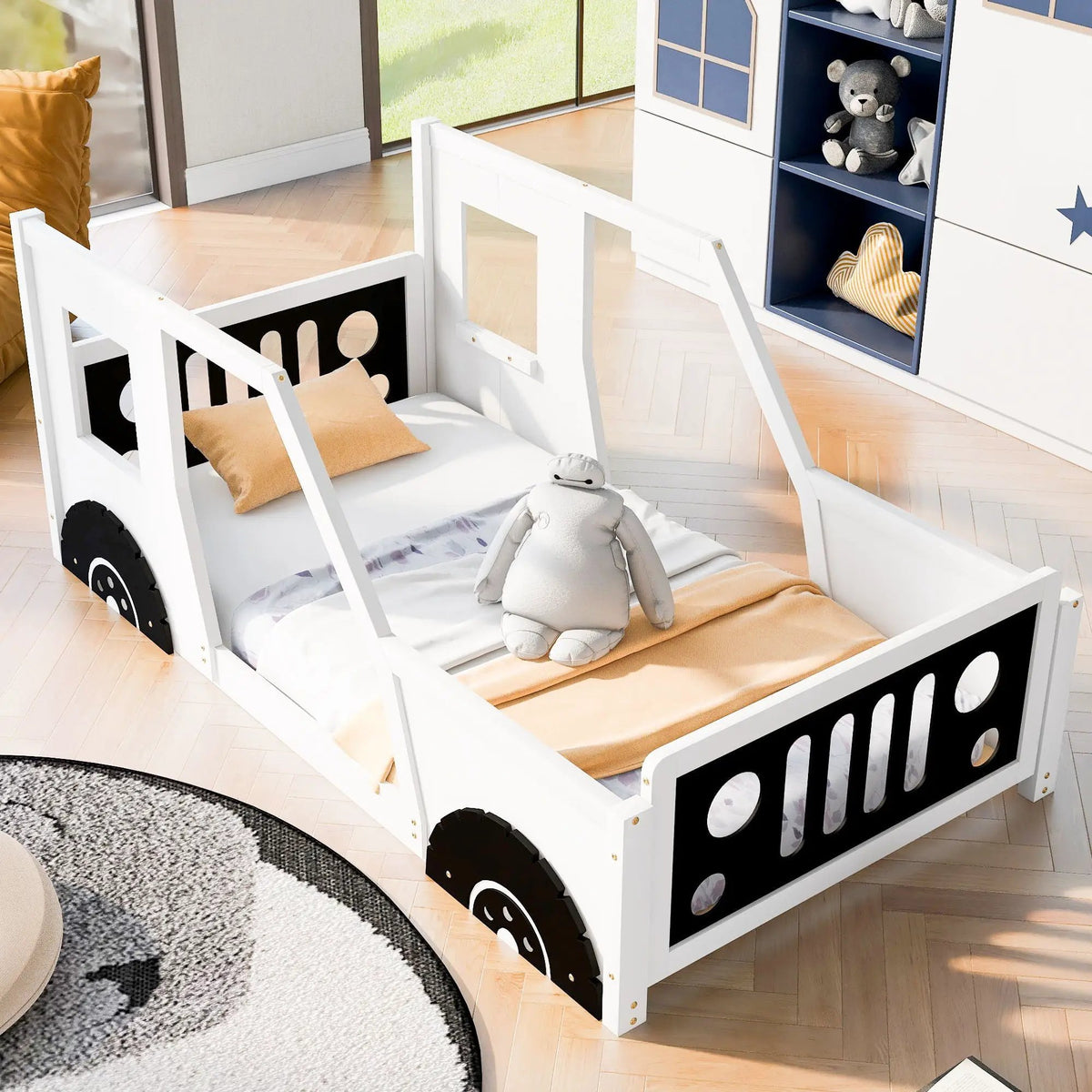 Car Shaped Platform Bed | Solid Pine Wood | Decorative Wheels