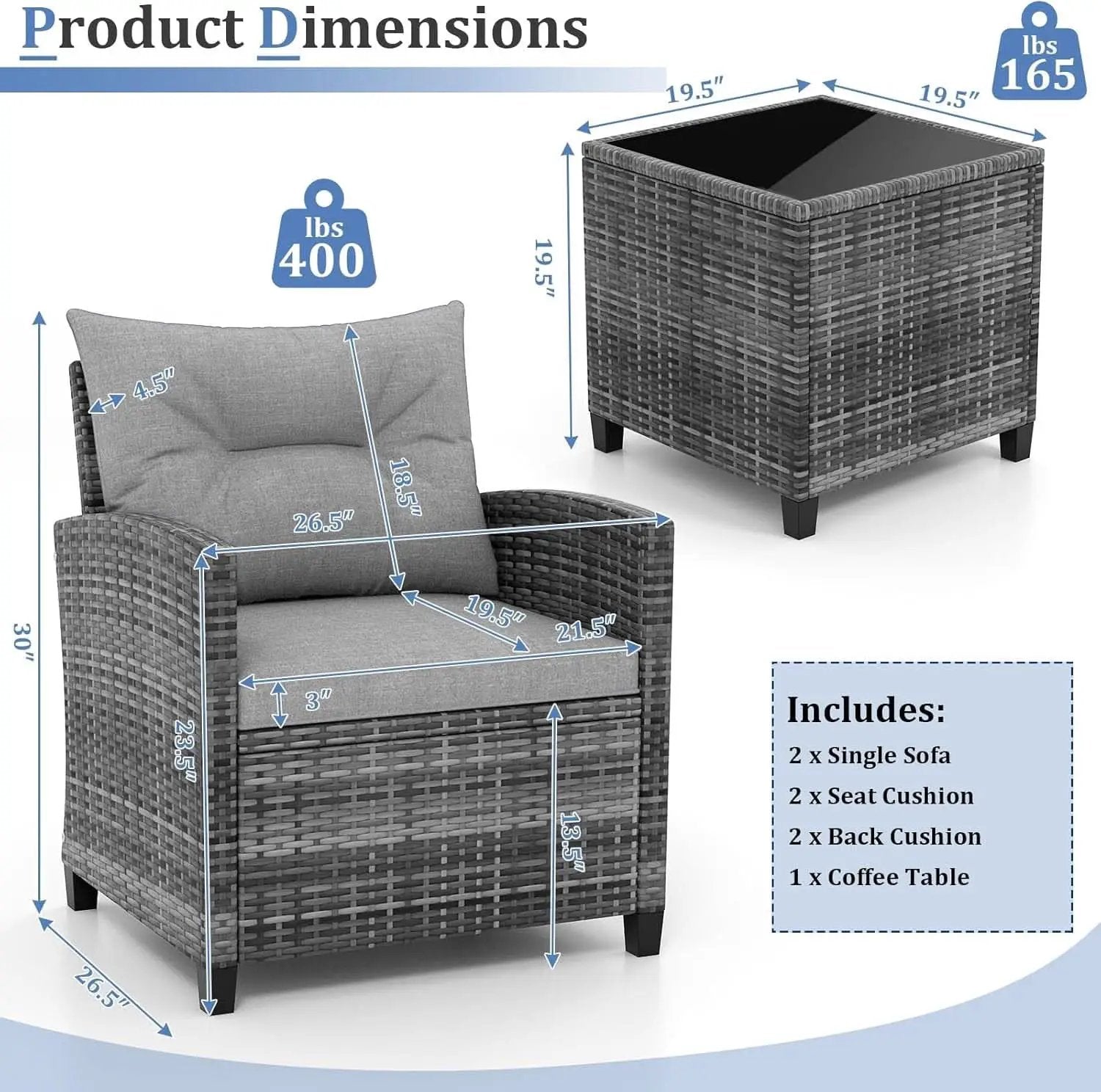 3 Piece Patio Furniture Set Outdoor PE Rattan Conversation Set With Washable Cushions And Tempered Glass Table Grey from PriceLows™