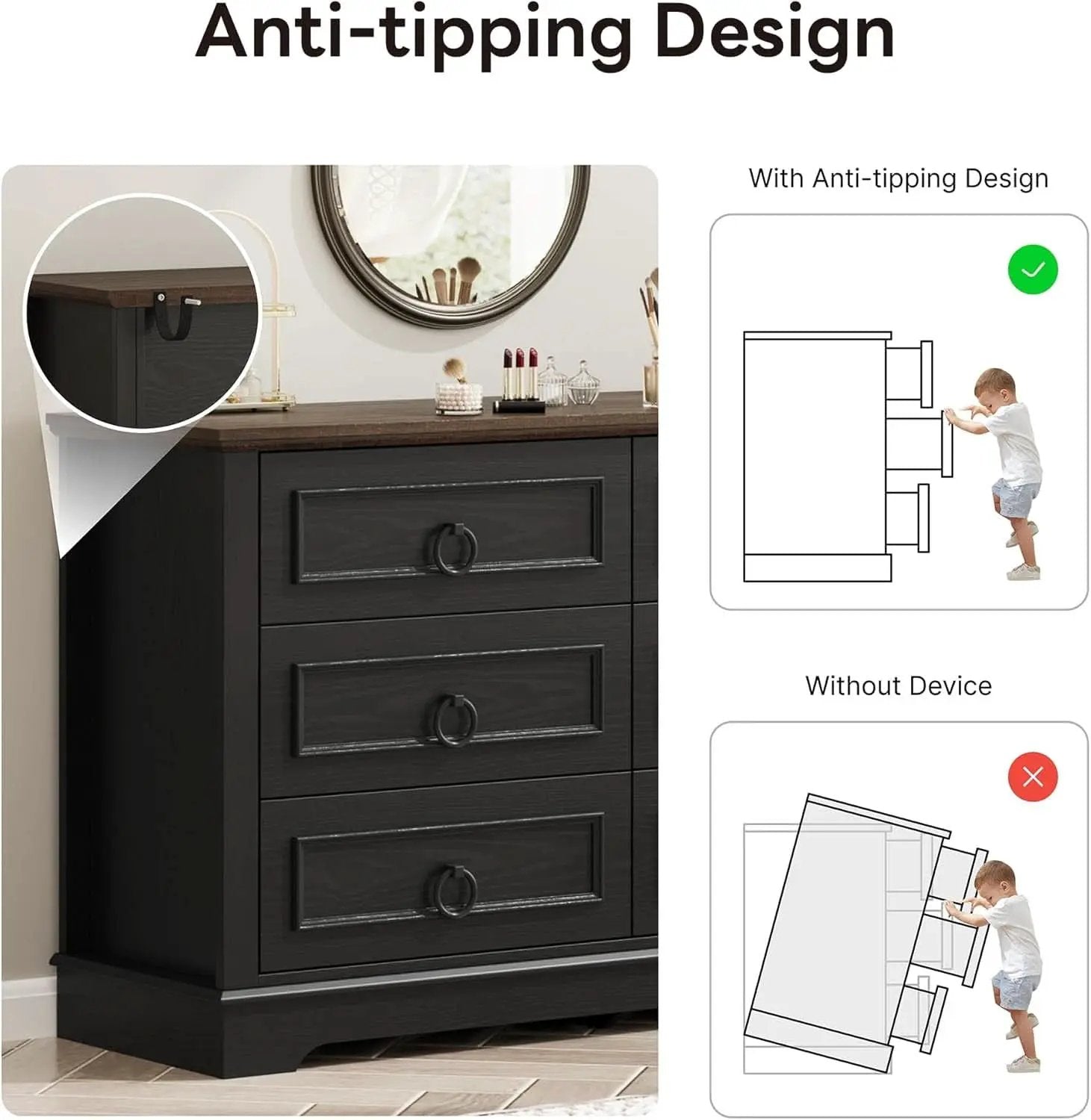 Black FortySevenPointTwoInch Wide Six Drawer Dresser from PriceLows™