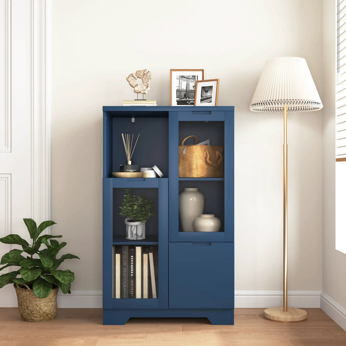 Modern Storage Cabinet | Adjustable Shelves | Double Glass Doors | Gray