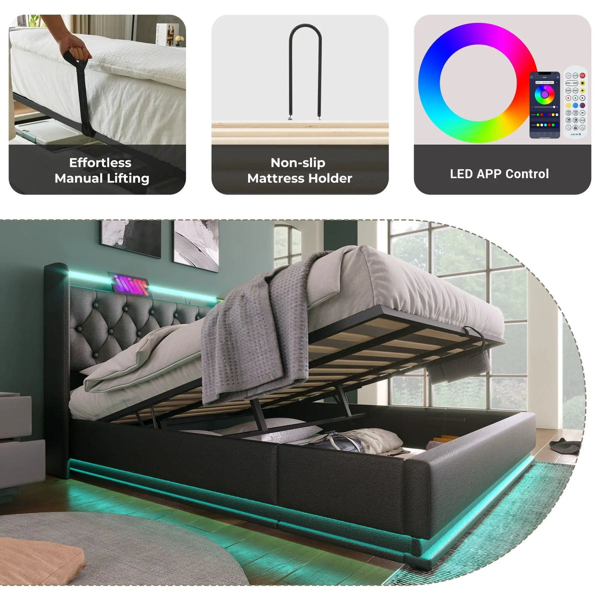 Upholstered Bed, 360 Surround LED Function, Remote Control, Hydraulic Storage Bed | 8 Pieces | Fabric & Iron | Bedroom