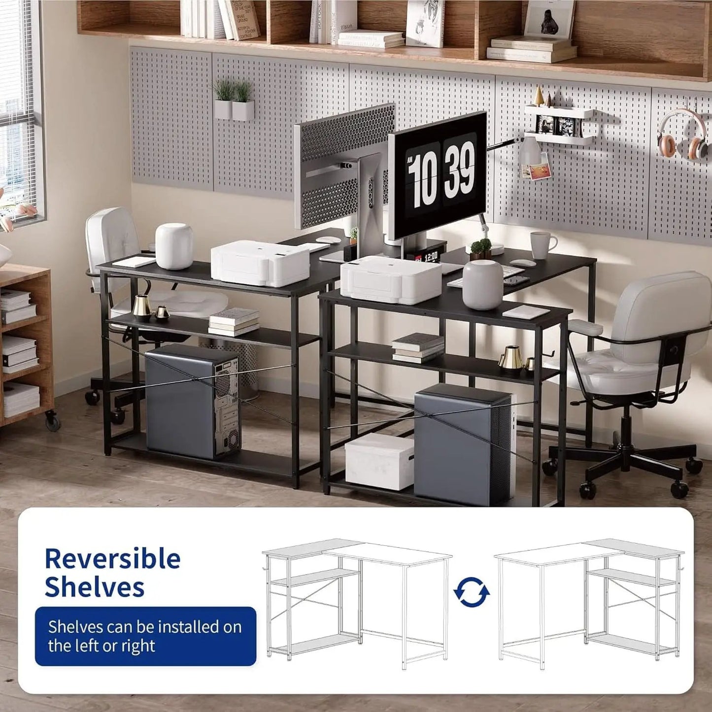 43 Inch L Shaped Desk With Reversible Shelves Espresso Gray from PriceLows™