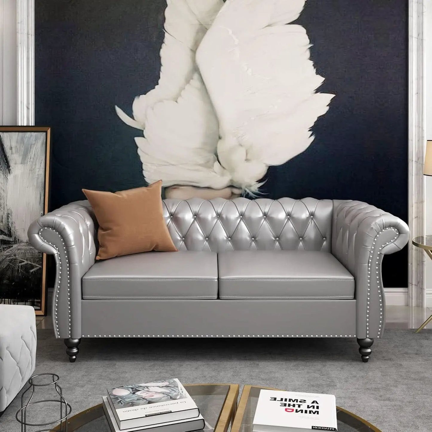 Grey Chesterfield Leather Living Room Set With Scroll Arms from PriceLows™