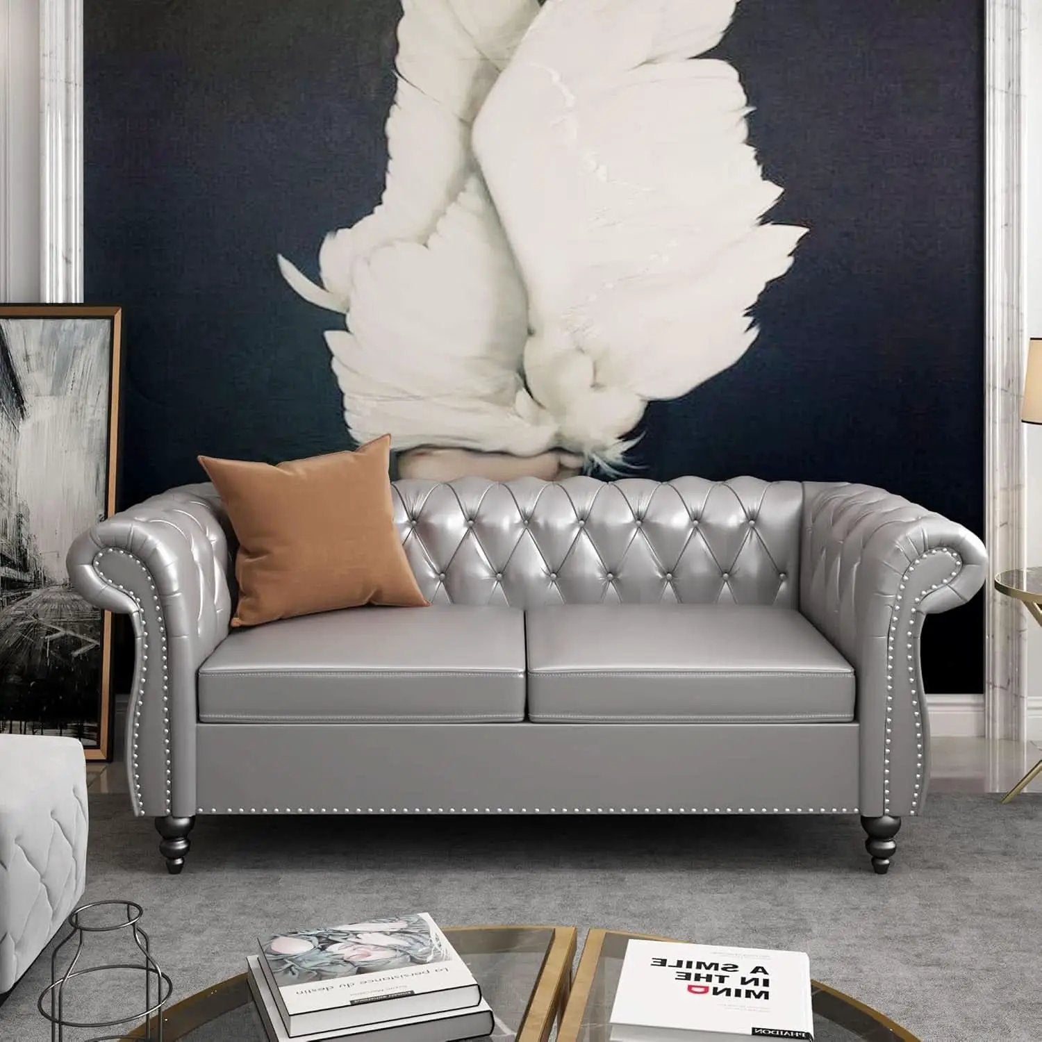 Grey Chesterfield Leather Living Room Set With Scroll Arms from PriceLows™