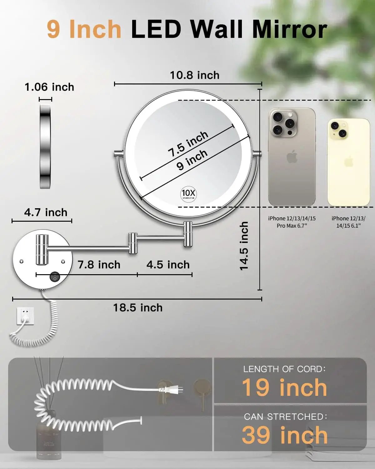 9 Inch Wall Mounted Lighted Magnifying Mirror 1X 10X LED from PriceLows™
