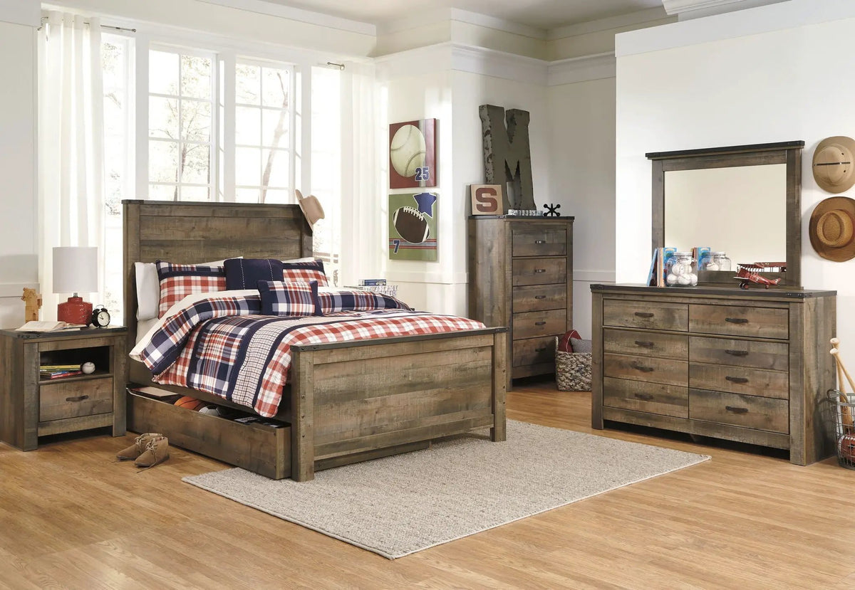 Trinell Five Drawer Chest | Brown Rustic Plank Finish | Replicated Oak Grain | Engineered Wood