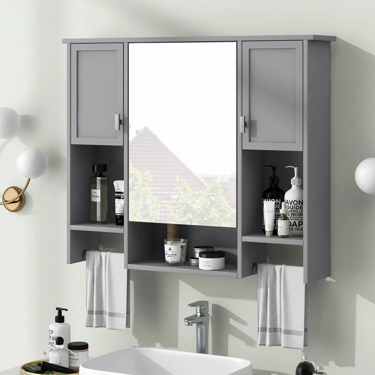 Wall Mounted Bathroom Cabinet With Mirror | Towel Bar | Closed Cabinets And Open Shelves | 35 Inch Width