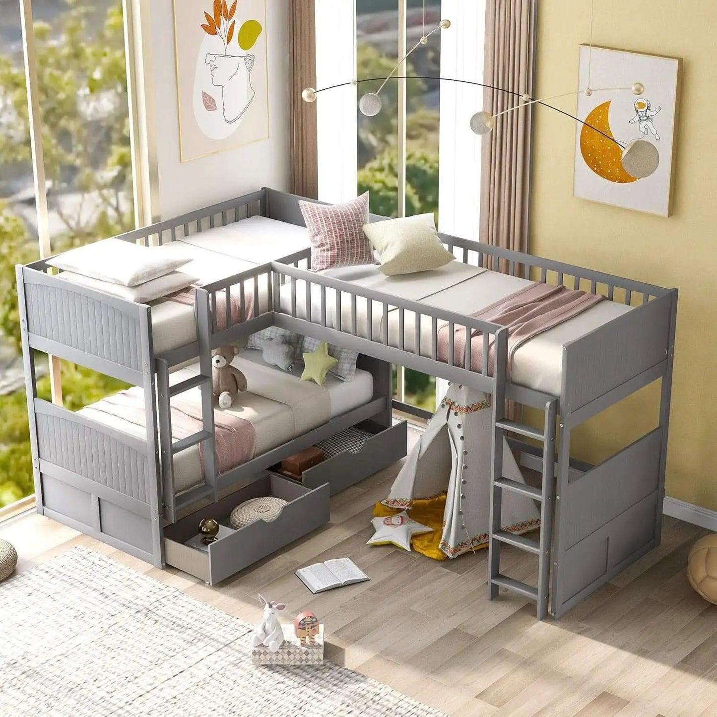 Triple Bunk Bed for Kids L Shaped Solid Wood Gray Twin Size from PriceLows™