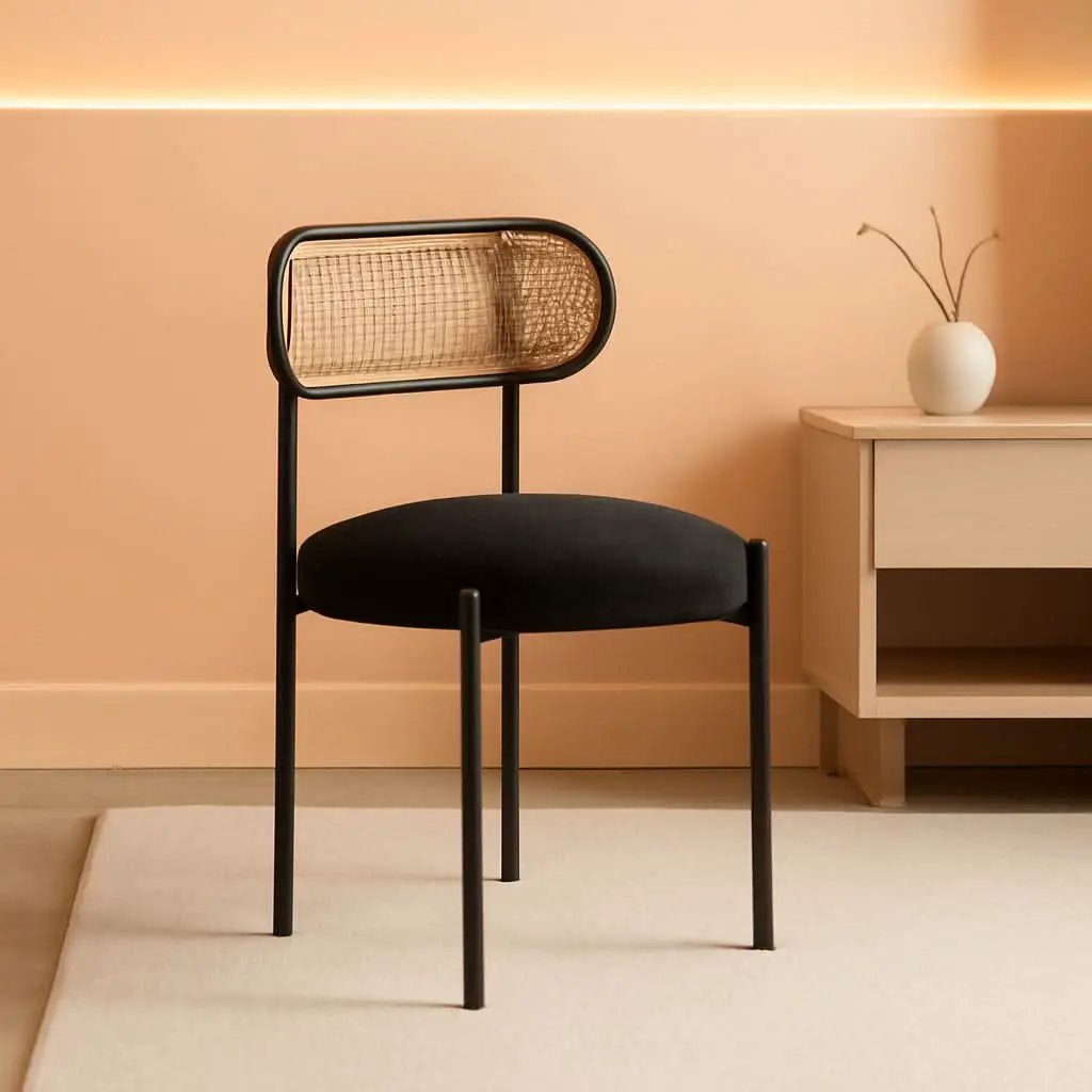 Set Of 4 Dining Chairs Mid Century Modern Rattan Back Upholstered Sherpa Black from PriceLows™