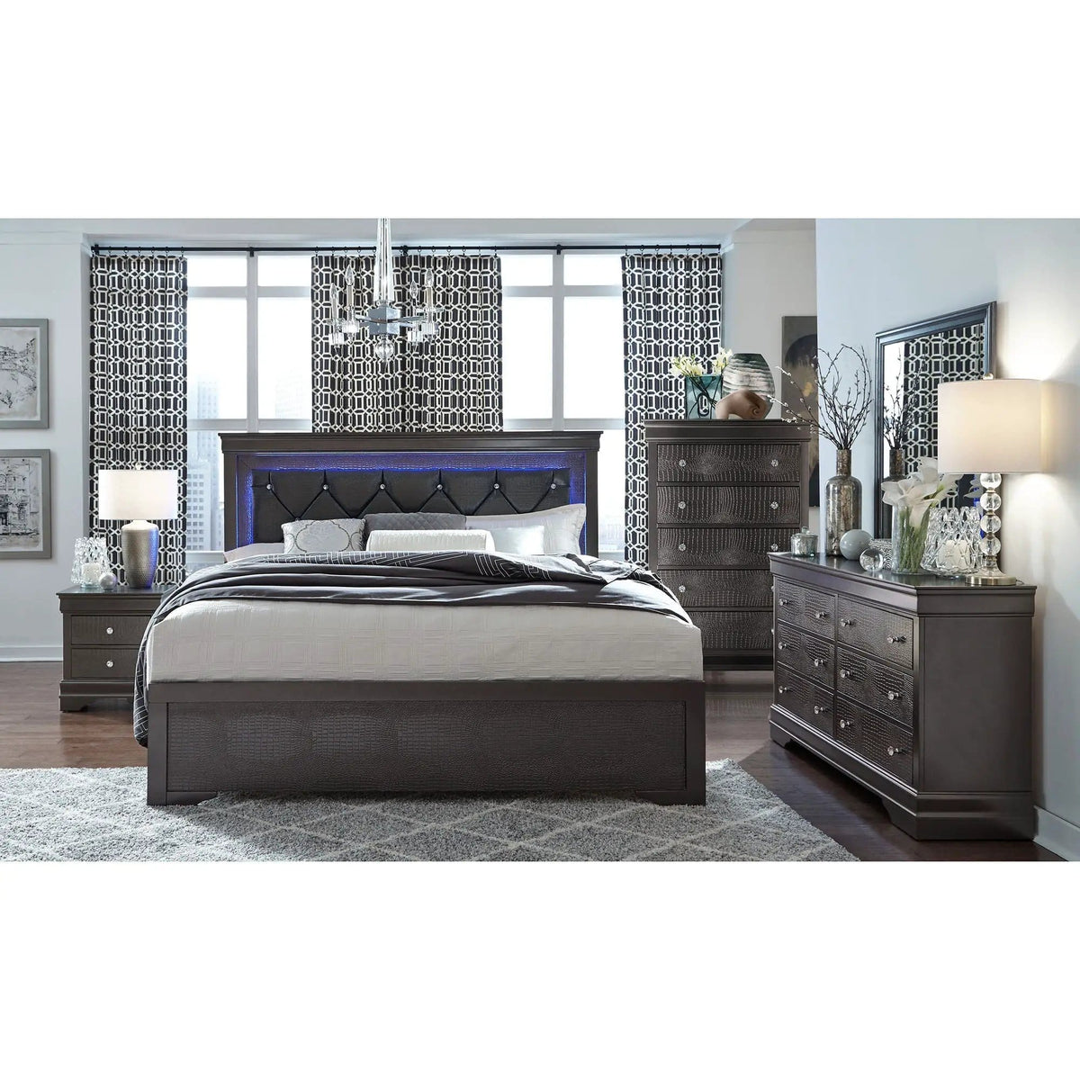 Shaker 5 Pieces Bedroom Set With Crystal Inspired Tufted Headboard And LED Lighting | 5-Piece Set | Crystal | Bedroom