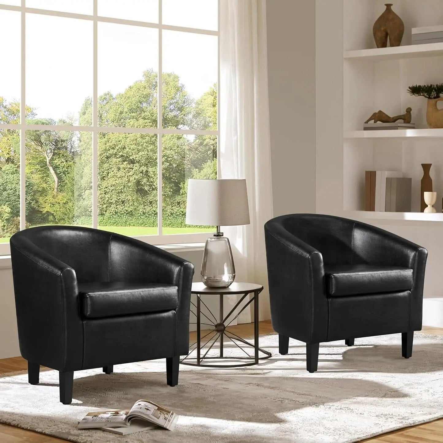 Black Synthetic Leather Barrel Armchairs With Cushions from PriceLows™