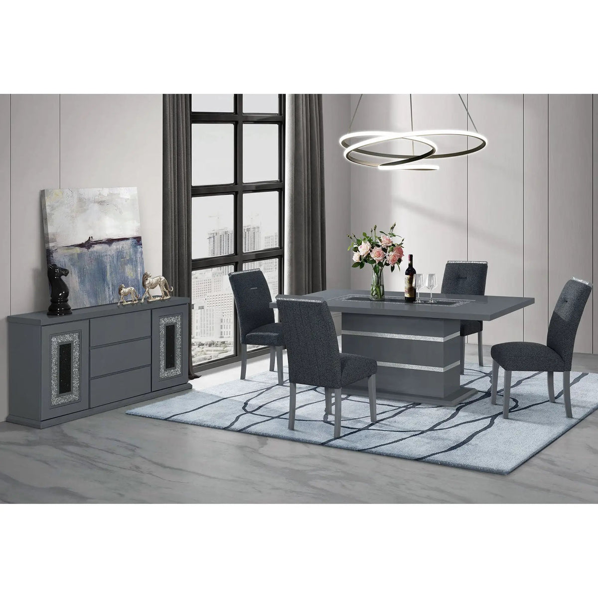 Ariya Dining Table | 79 Inch Width | High Gloss Finish | Glitter Detailing