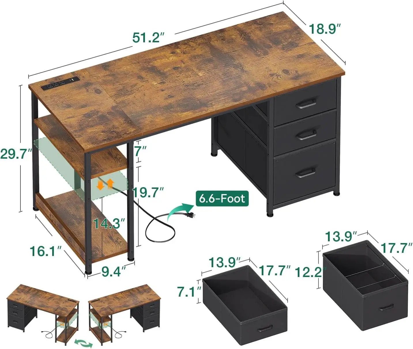 51 Inch Computer Desk With USB Outlets And Fabric Drawers from PriceLows™