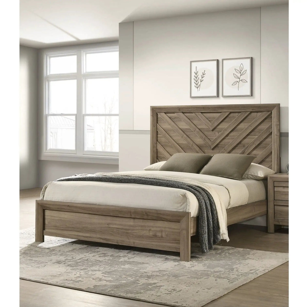 Chevron Headboard Bed | Contemporary Style | Natural Wood Finish | 83.8 Inch Length