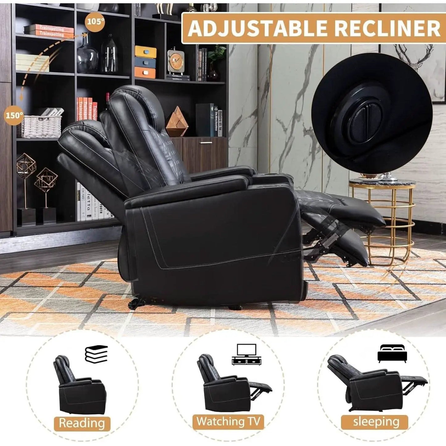 Black Power Recliner With USB Ports And Cup Holders from PriceLows™
