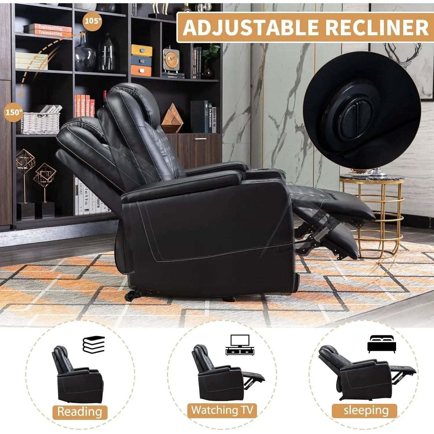 Black Power Recliner With USB Ports And Cup Holders from PriceLows™