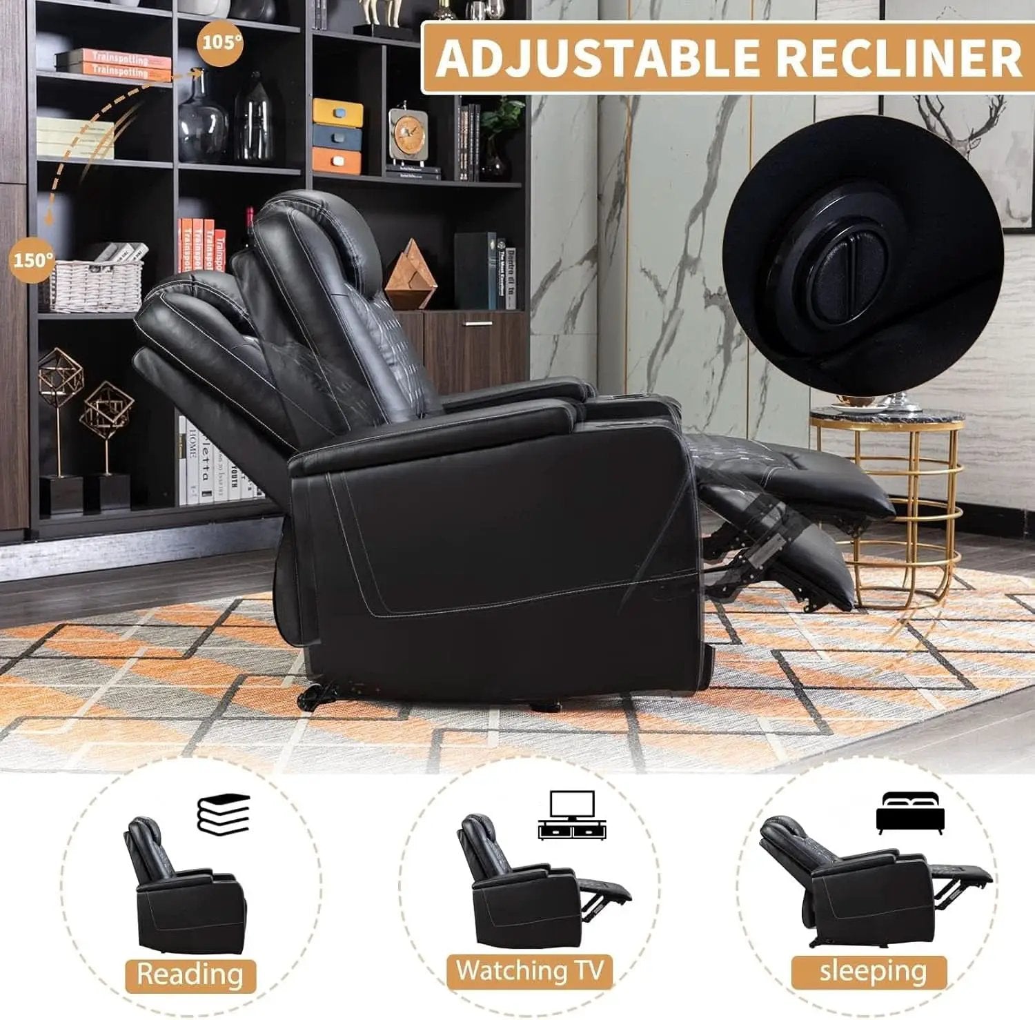 Power Recliner Chair Set Of 3 Black Leather With USB Ports from PriceLows™