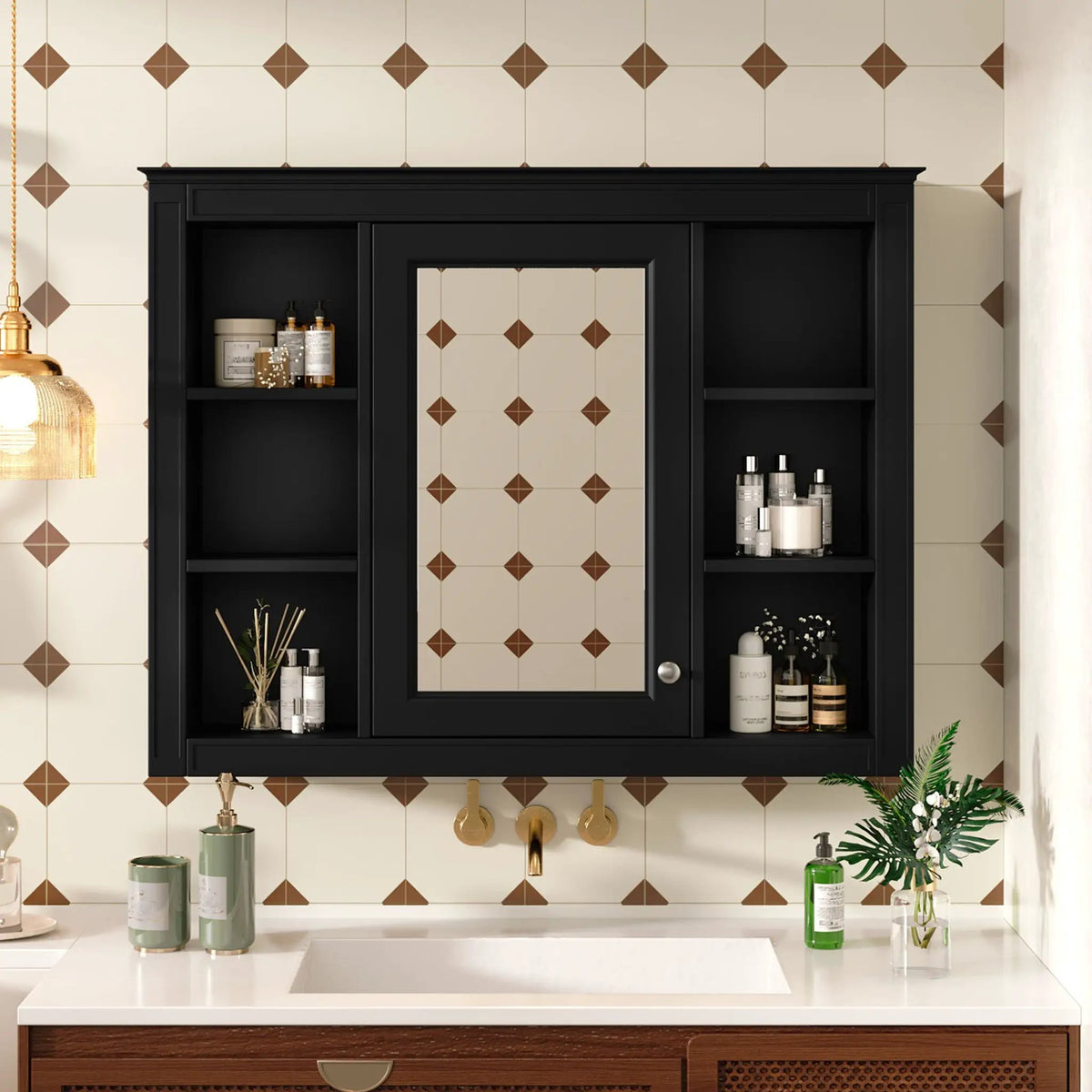 Wall Mounted Medicine Cabinet | Adjustable Interior | 6 Open Shelves
