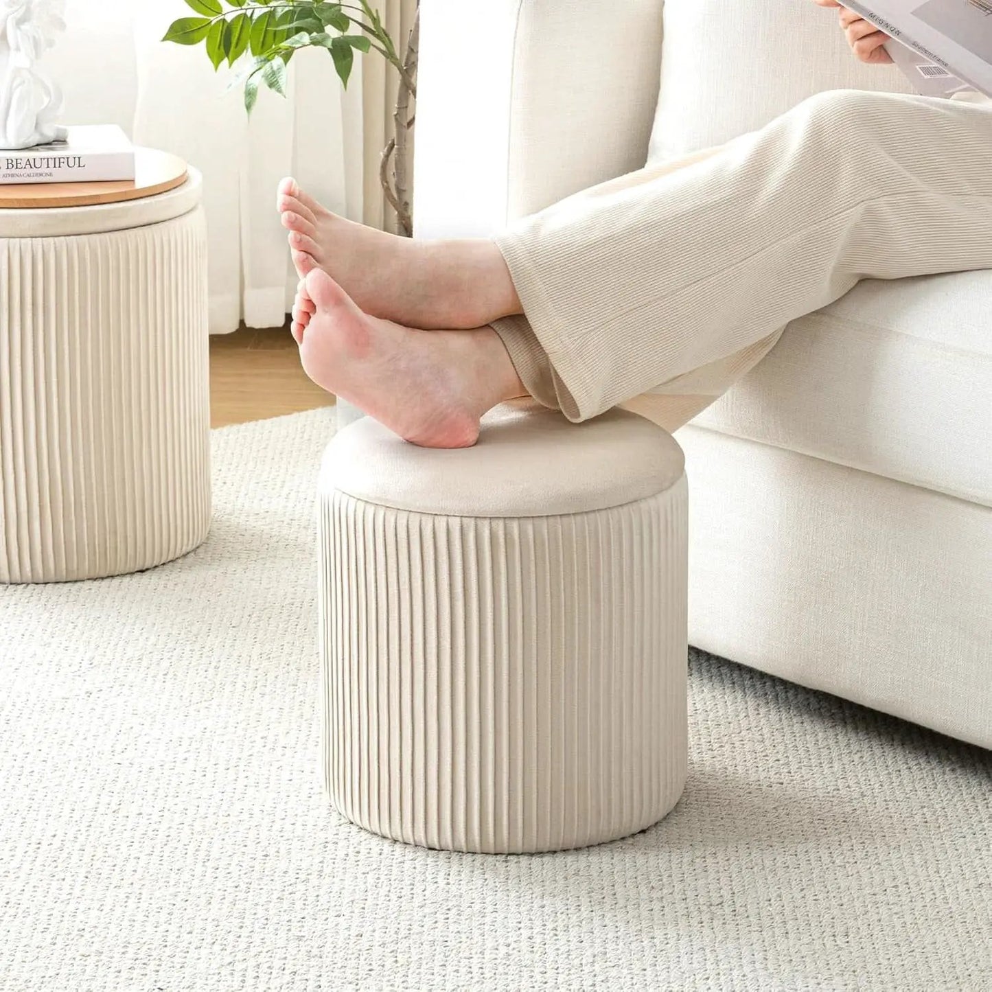 Beige Velvet Storage Ottoman With Hidden Compartment from PriceLows™