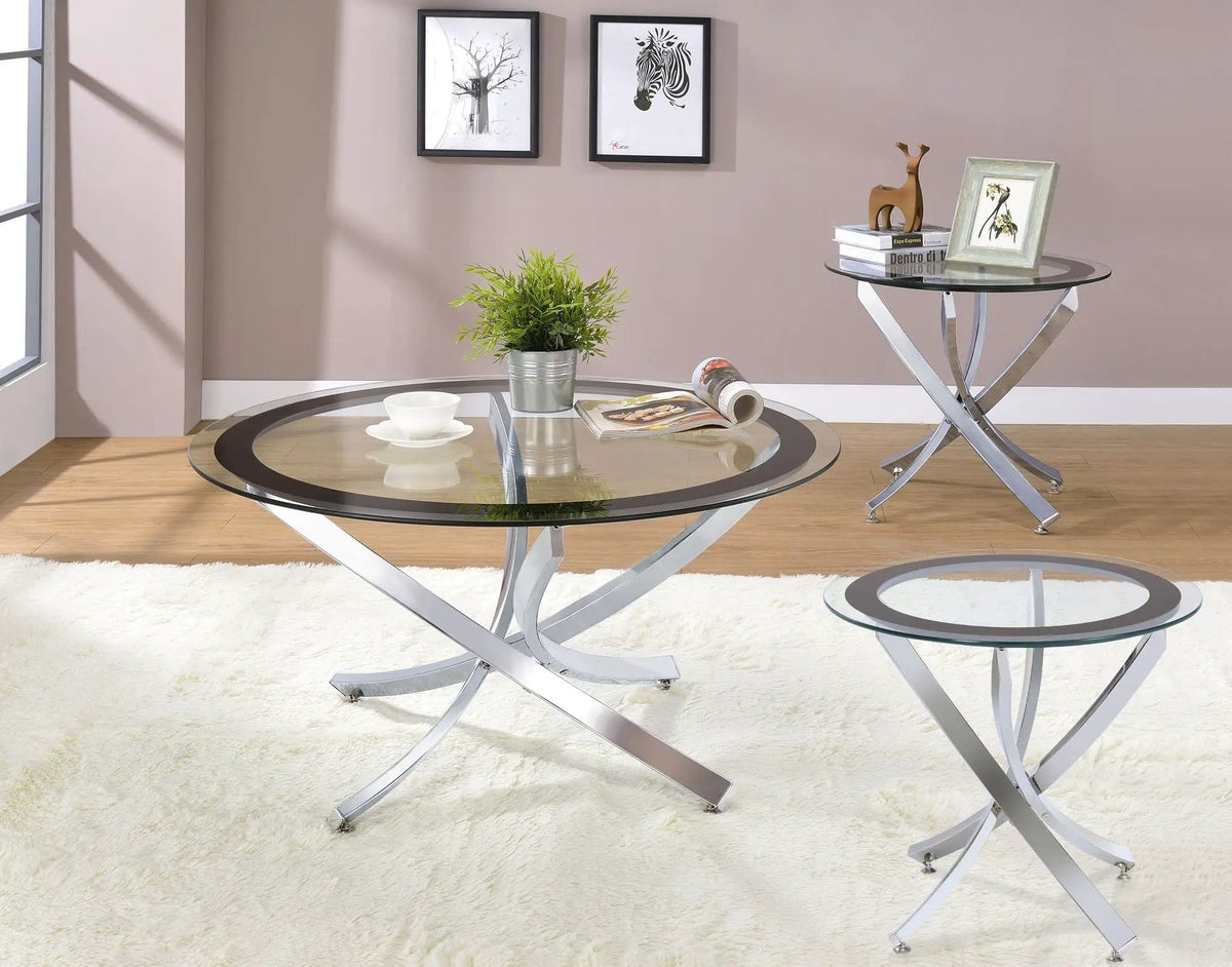 Brooke 3-piece Round Coffee and End Table Set Chrome | 3-Piece Set | Tempered Glass & Metal | Dining Room