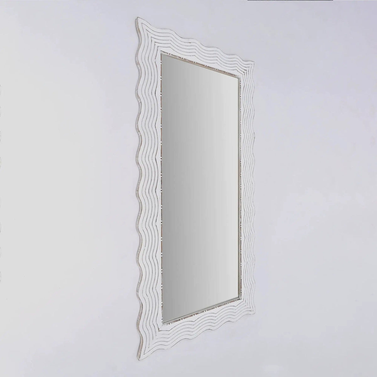 Handcarved Wave Design Rectangle Mirror Accent Enhancing Space Antique | 36 x 1 x 72 in | Glass | White