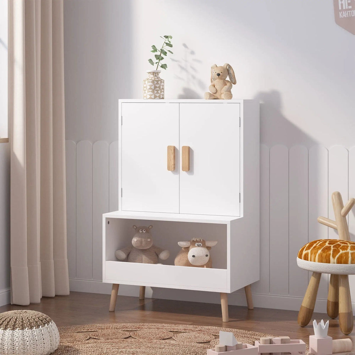 Toy Storage Cabinet With Doors And Open Shelf, Toddler Bookshelf For Playroom | 23.62 x 13.78 x 37.4 in | Solid Wood | White