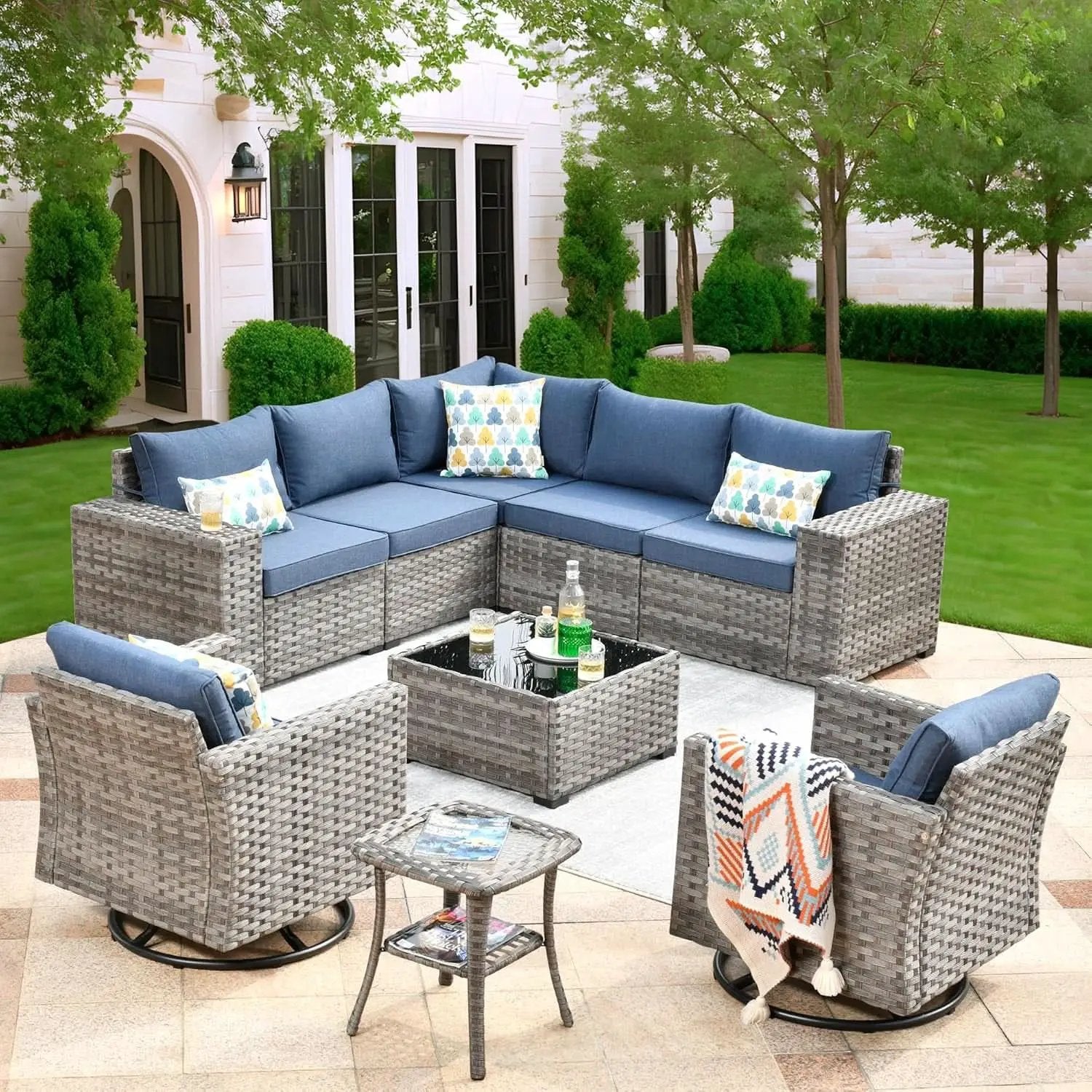 Outdoor Wicker Sectional Sofa Set with Swivel Chairs from PriceLows™