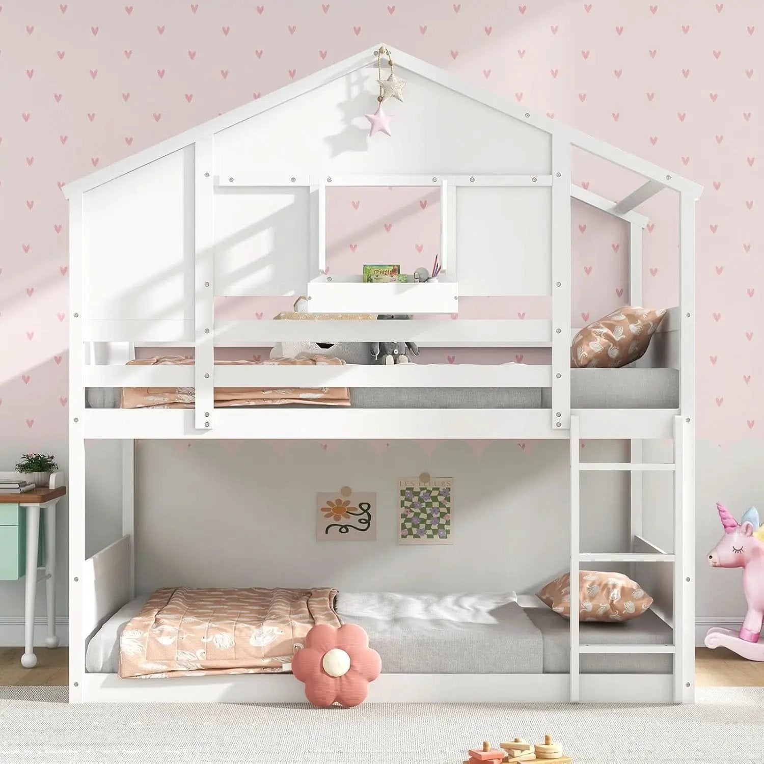 Twin Over Twin White Wood House Bunk Bed For Kids Room from PriceLows™
