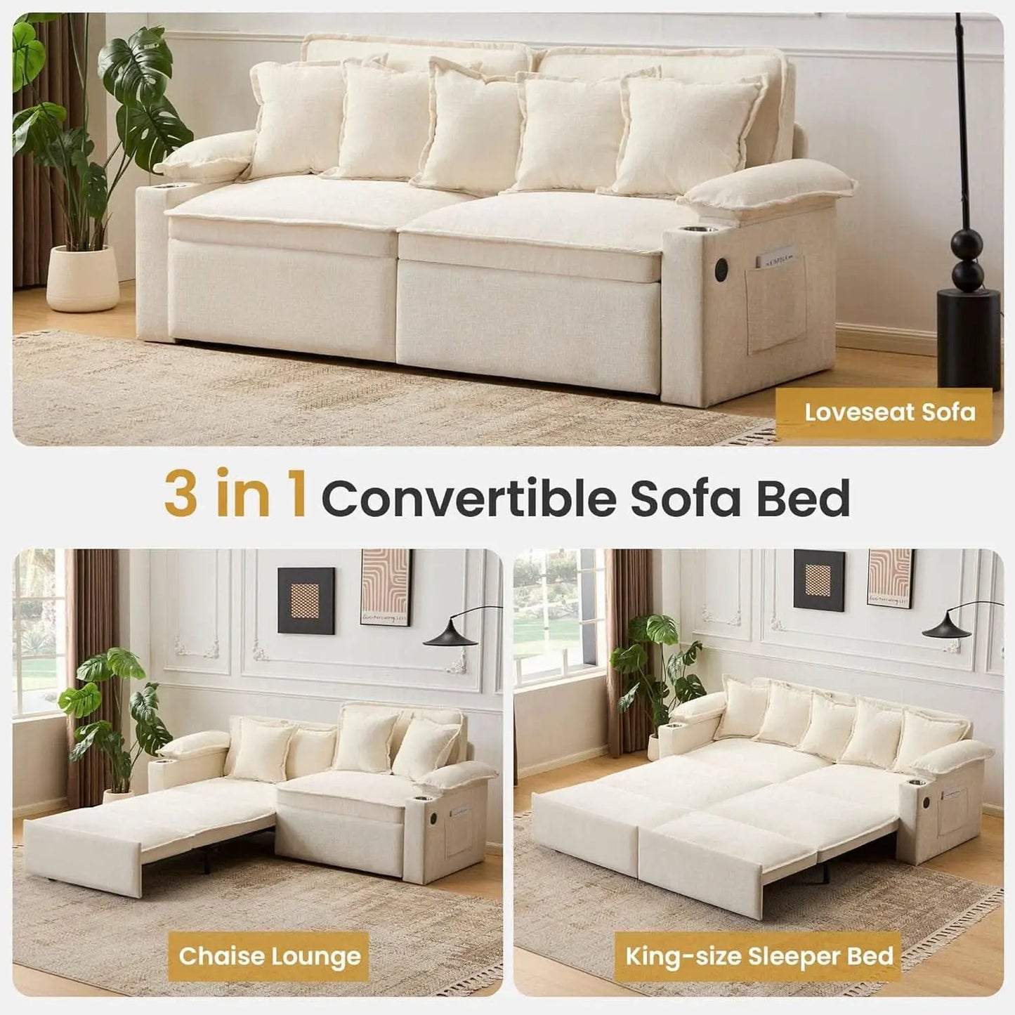 King Size Beige Ultra Luxurious Sleeper Sofa USB Ports Pro from PriceLows™