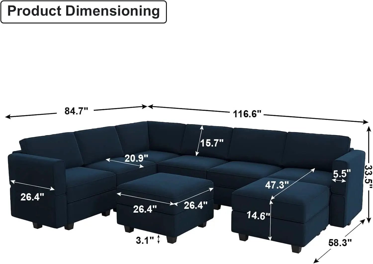 Modular Velvet Sectional Sofa Blue With Storage Ottoman from PriceLows™
