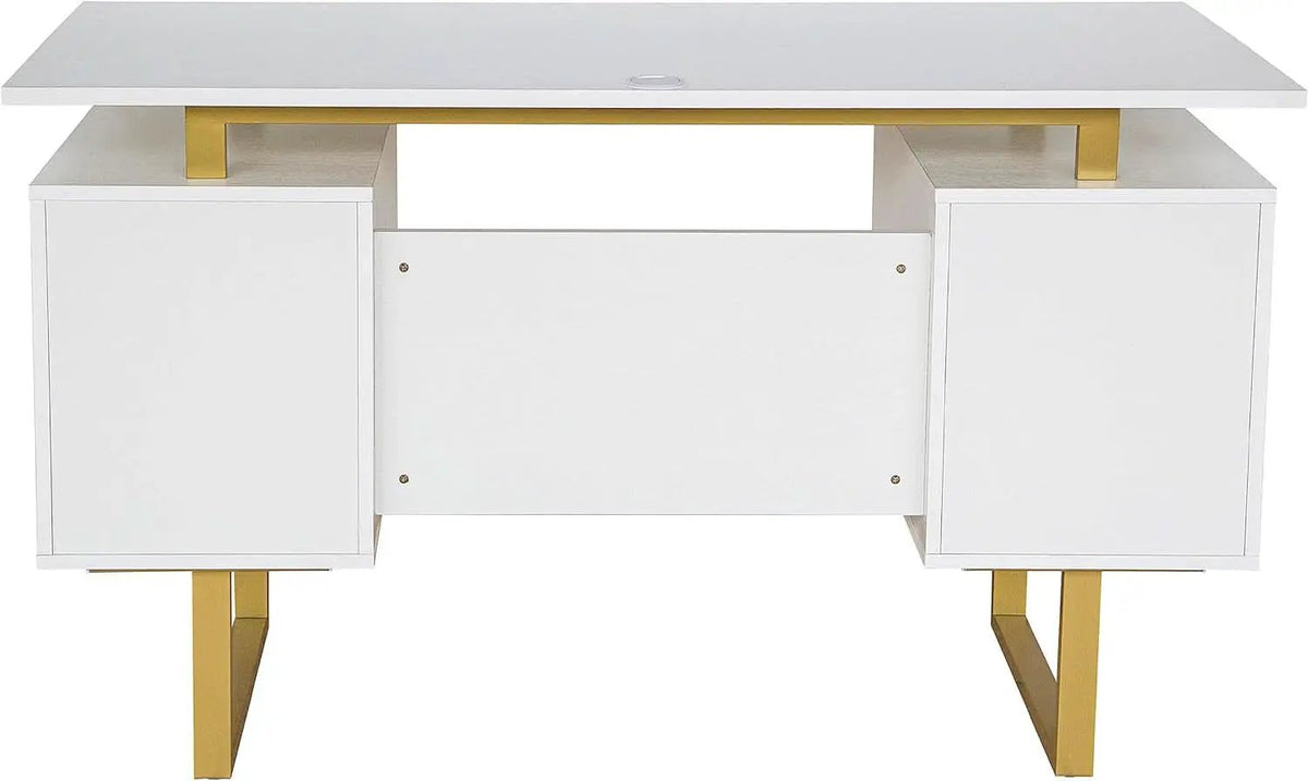 51 Inch White And Gold Desk With Storage Cabinet Drawers from PriceLows™