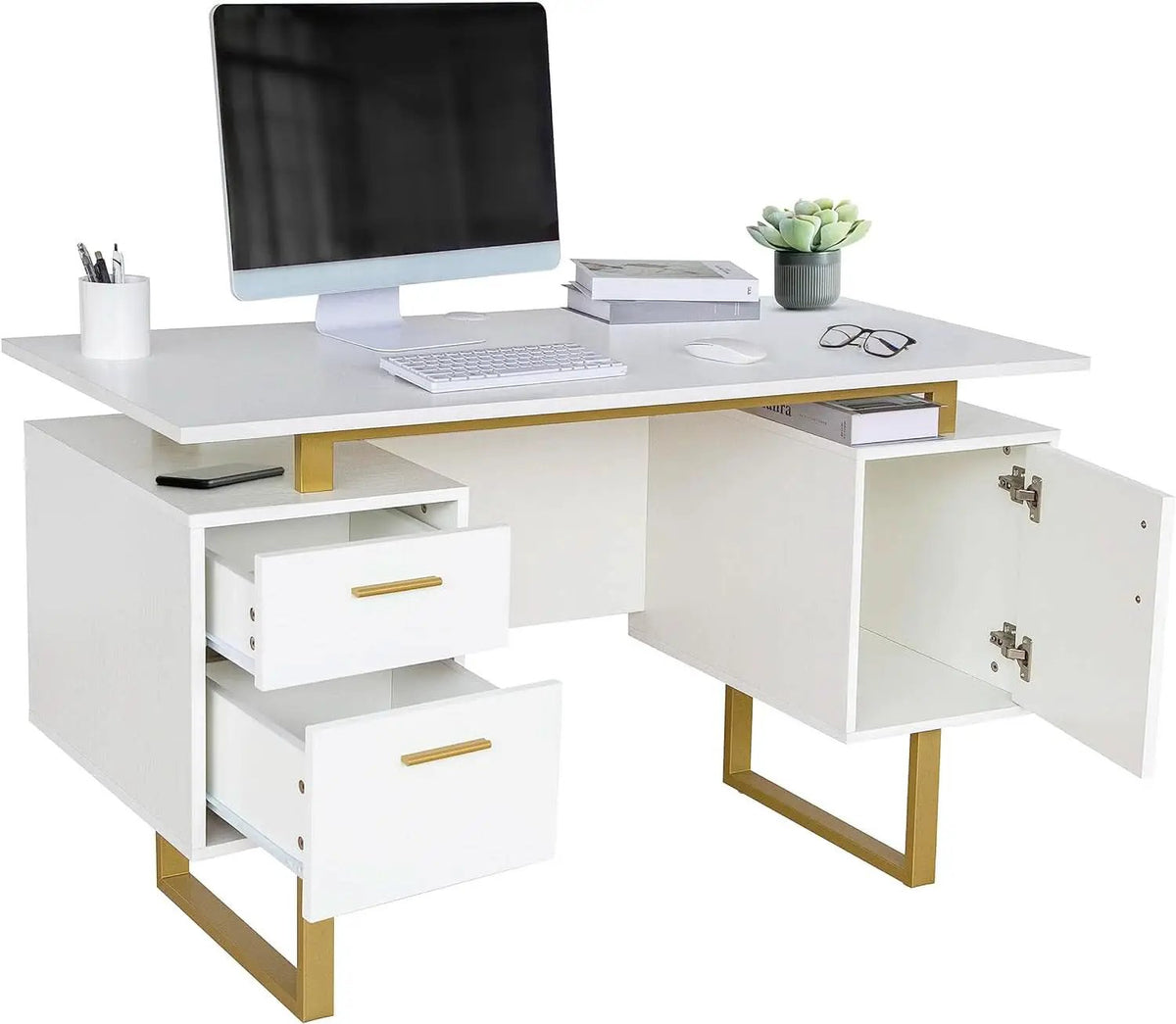 51 Inch White And Gold Desk With Storage Cabinet Drawers from PriceLows™