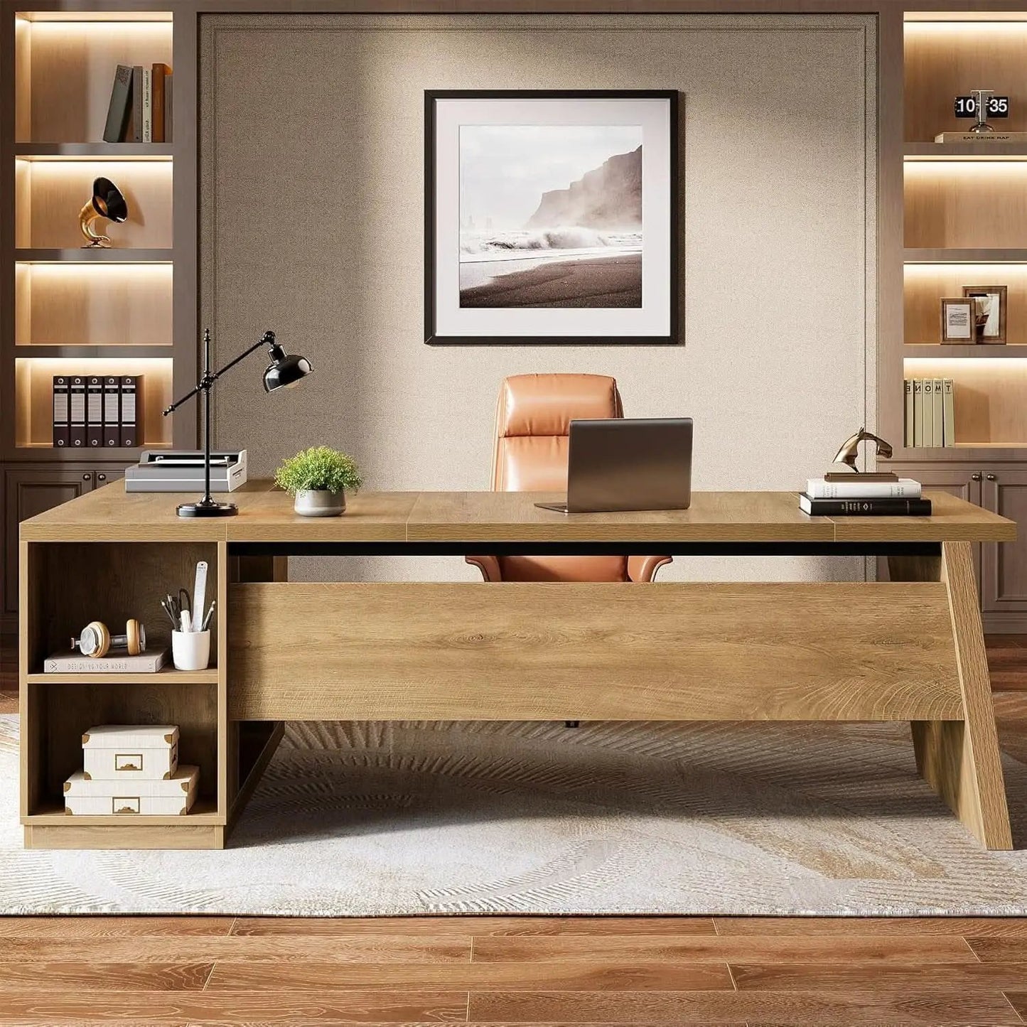 Executive Corner Desk 78 Inch Drawers Brown Shelves from PriceLows™
