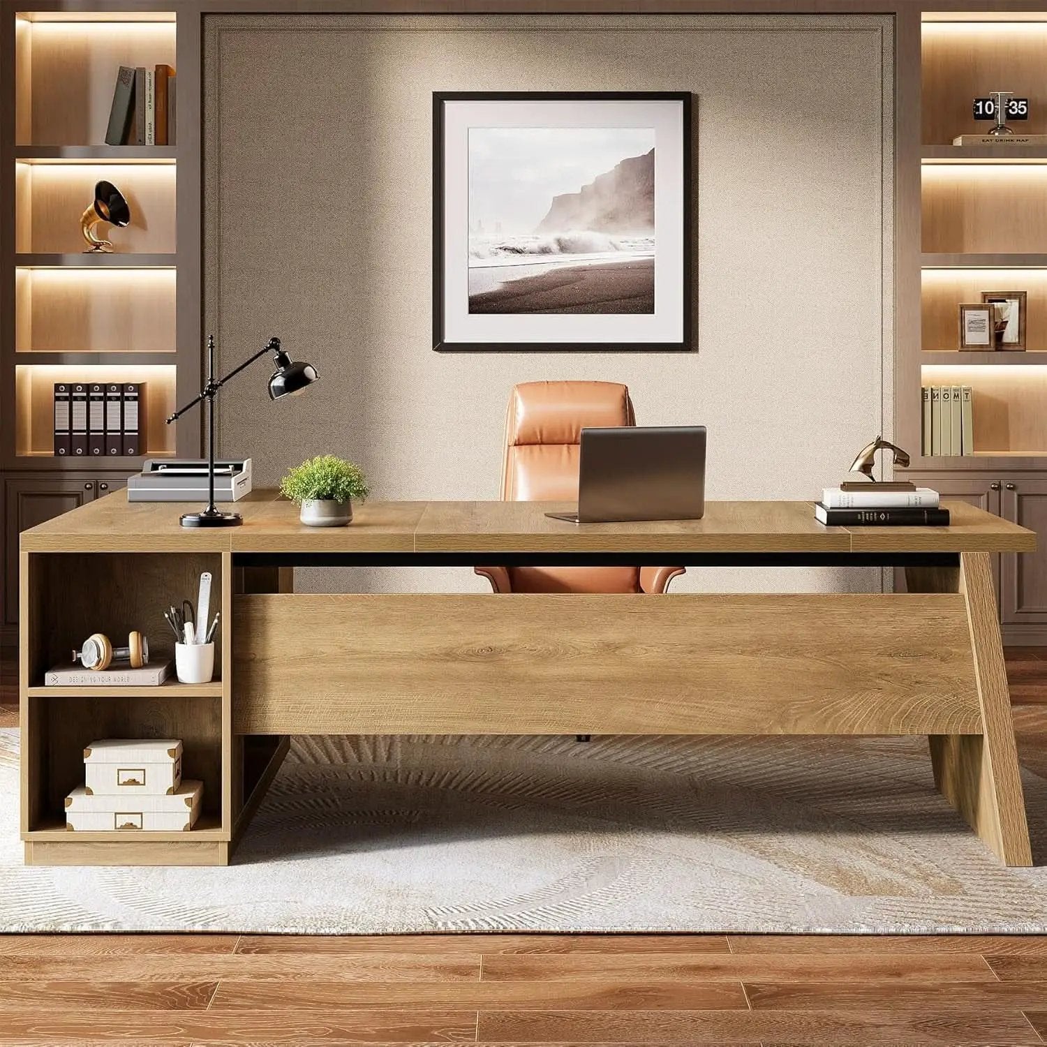 Executive Corner Desk 78 Inch Drawers Brown Shelves from PriceLows™