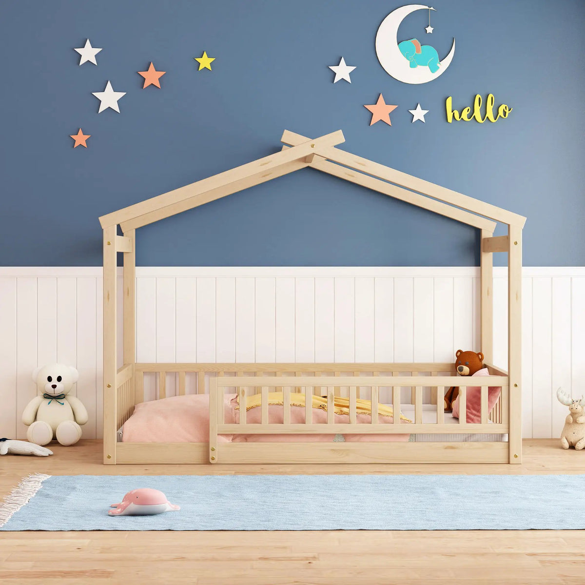 Kids Bed Frame | Playhouse Design | Roof And Fence | Toddler Size