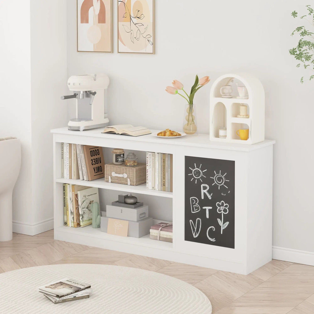 3 In 1 Bookshelf And Toy Storage Cabinet With Chalkboard, Organizer For Playroom | 46.65 x 11.81 x 23.62 in | Home Office Furniture | White