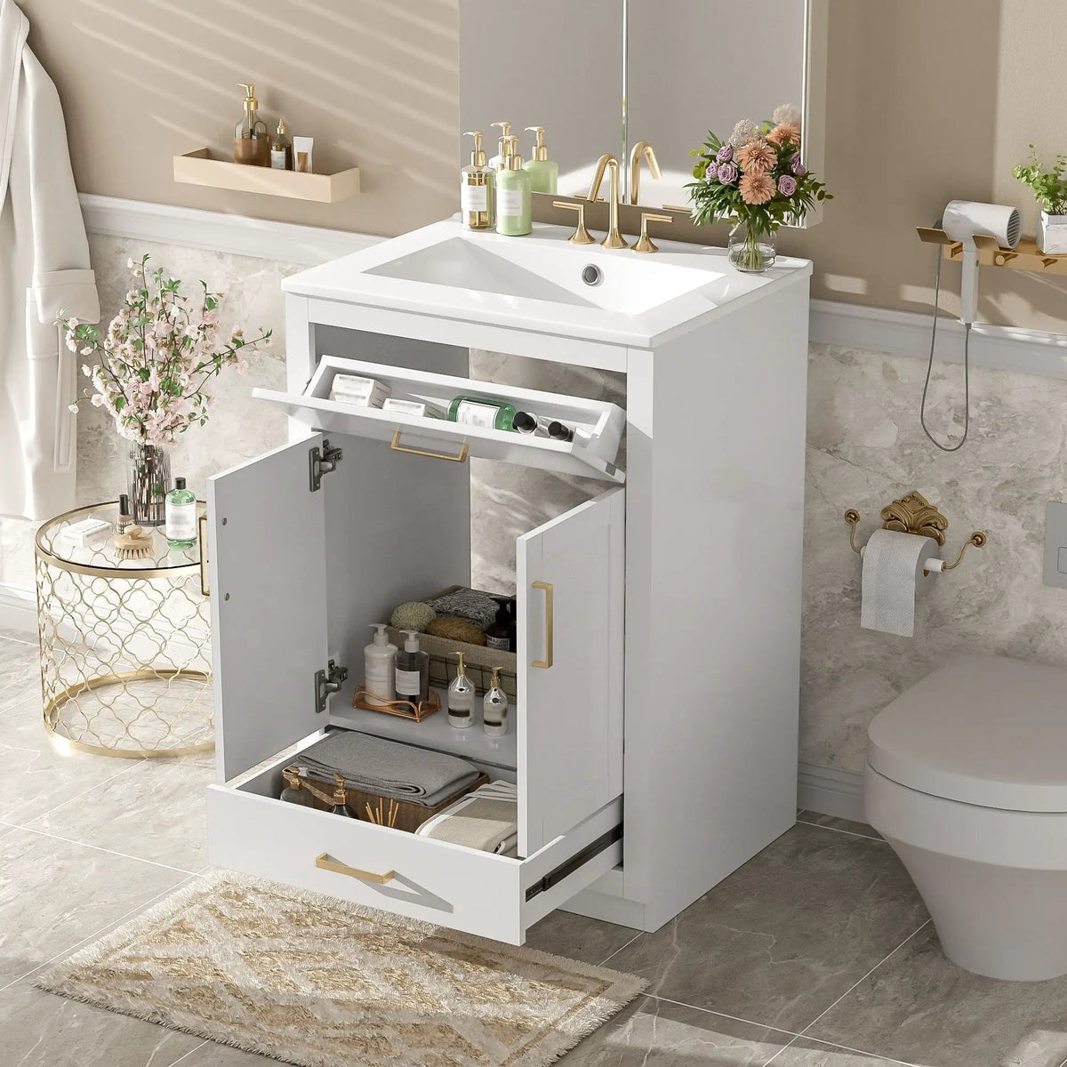 24 Inch Modern Vanity | Integrated Ceramic Sink | 2 Door Cabinet | Tip-Out Drawer