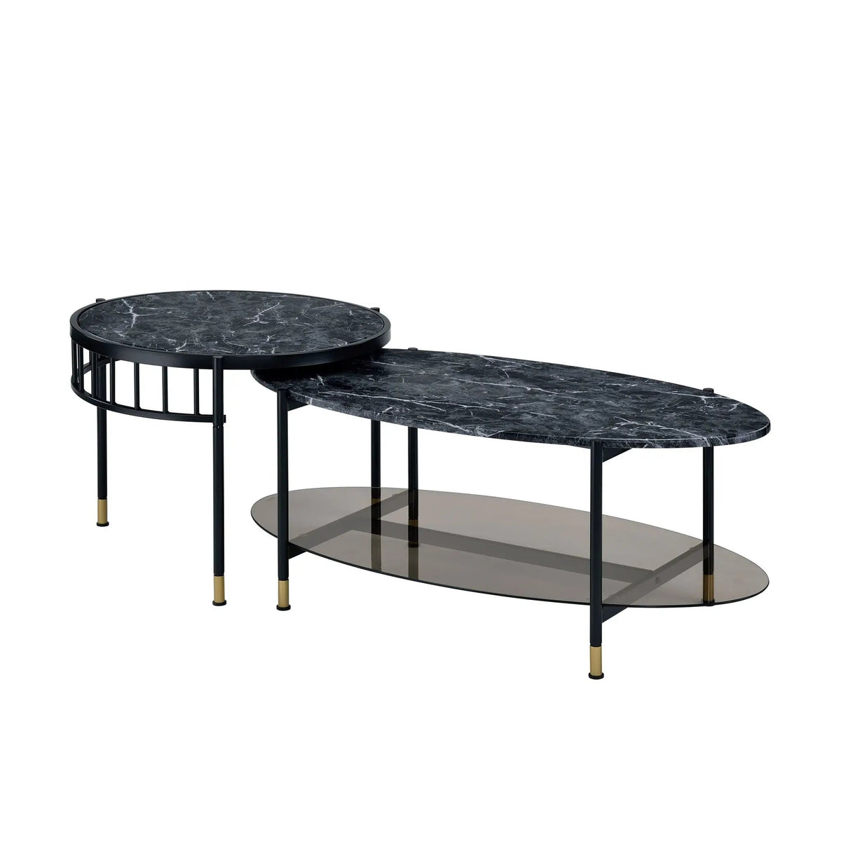 Silas Nesting Table Set | Black | Engineered Stone Top | Oval Coffee Table With Lower Shelf