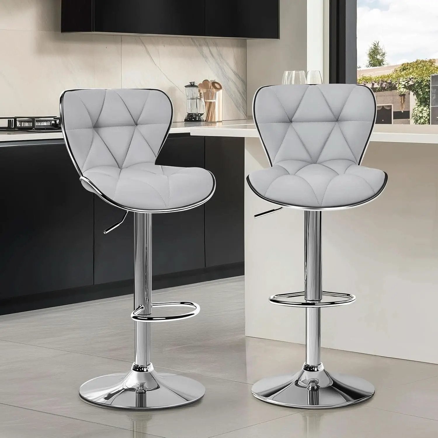 Bar Stools Set Of 2 Adjustable Swivel PU Leather Light Grey from PriceLows™