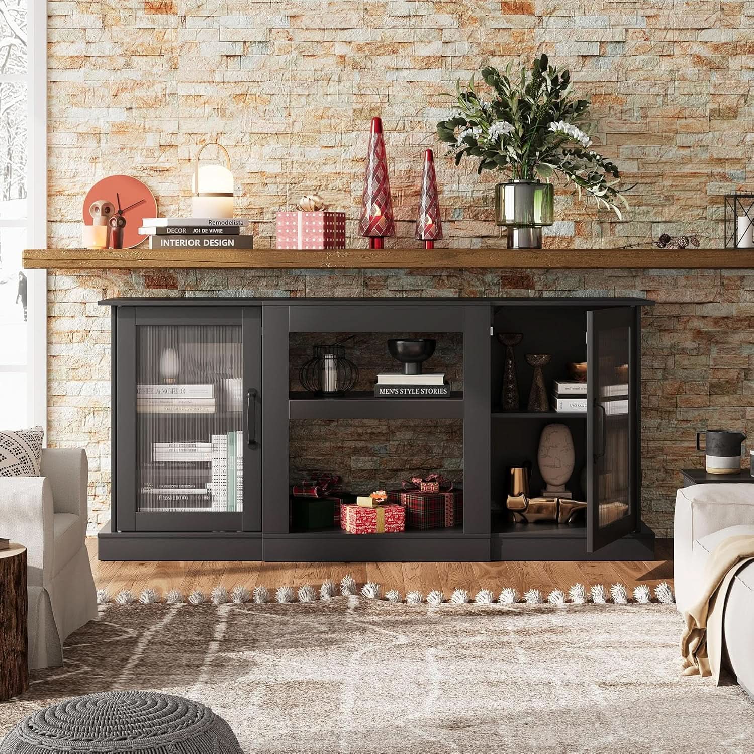 Retro TV Stand For 65 Inch TV With Storage And Open Shelves Black from PriceLows™