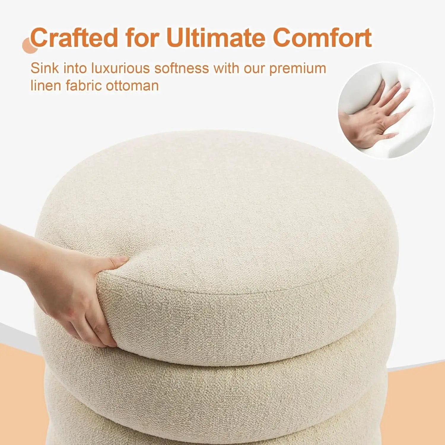 Beige Linen Upholstered Round Storage Ottoman Removable Lid from PriceLows™