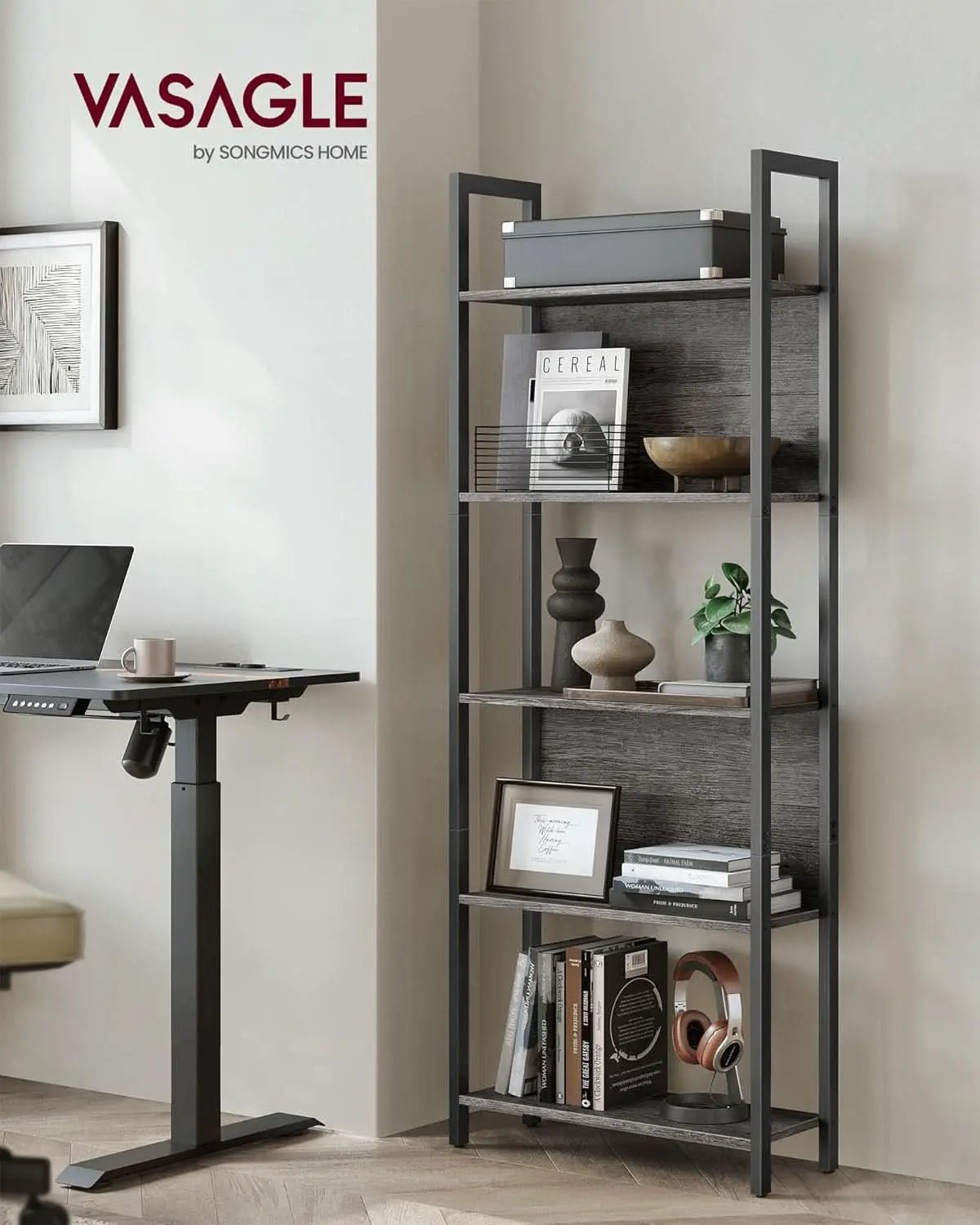 Five Tier Bookshelf With Steel Frame Charcoal Gray Black from PriceLows™
