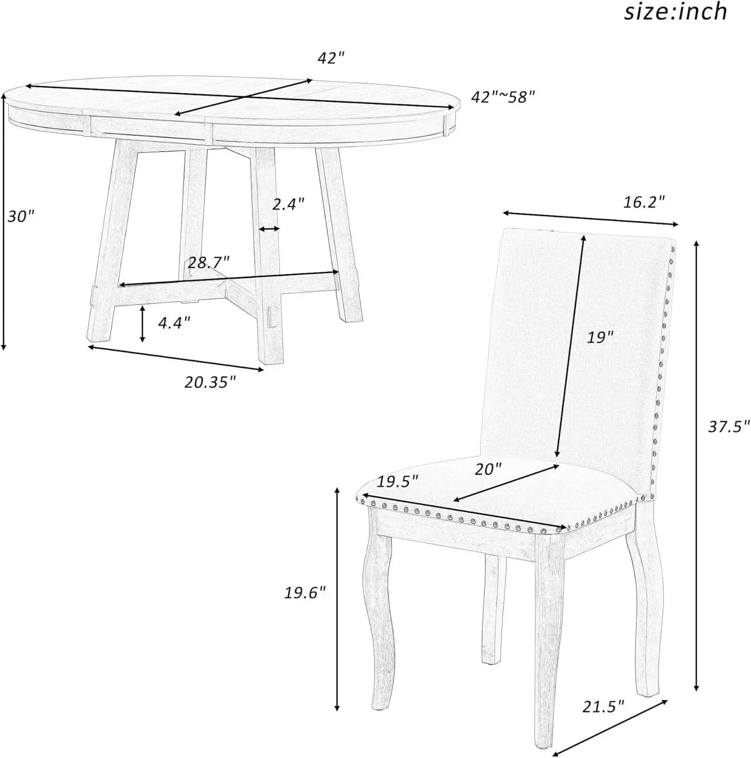 Farmhouse Round Extendable Dining Table Set Oak Finish with Upholstered Chairs from PriceLows™