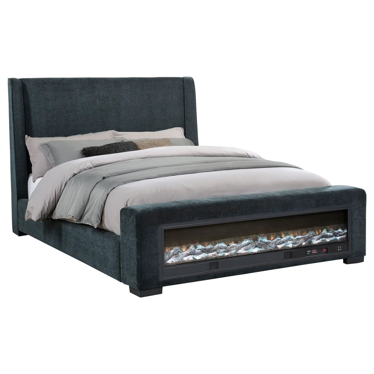 Preston Upholstered Queen Audio Flame Visualizer Bed Dark | 68.25 x 96.5 x 51.25 in | Engineered Wood & Fabric | Blue